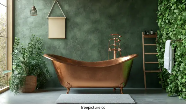 Rustic Copper Bathtub in a Green Botanical Bathroom