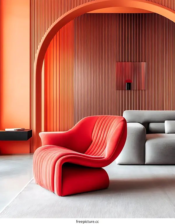 Modern Living Room Interior Design with Red Velvet Chair