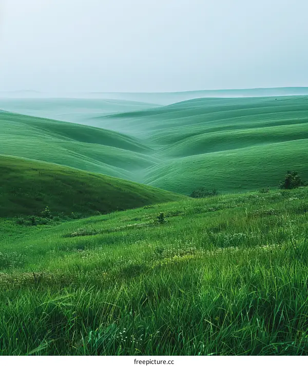 Serene Green Hills Under a Misty Sky