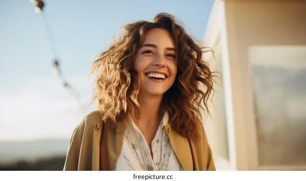 Portrait of a beautiful young woman with curly hair smiling