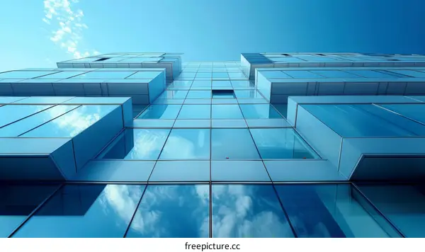 Blue glass skyscraper reflecting the sky