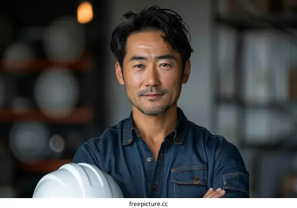 Portrait of Asian male engineer wearing hard hat at construction site