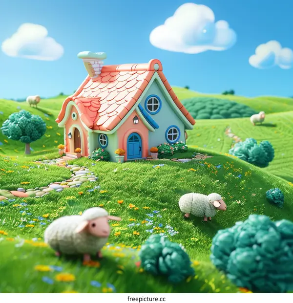 Cute Cartoon House With Sheep in Green Field