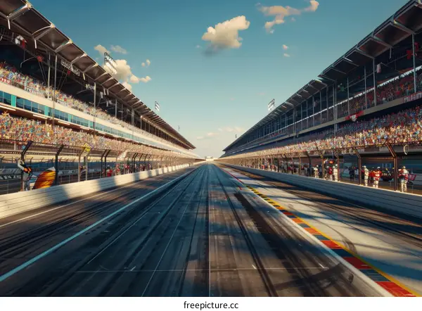 A wide shot of an empty motor racing track with vacant grandstands