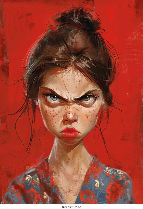 Angry Woman with Red Background and Flowers on Her Shirt
