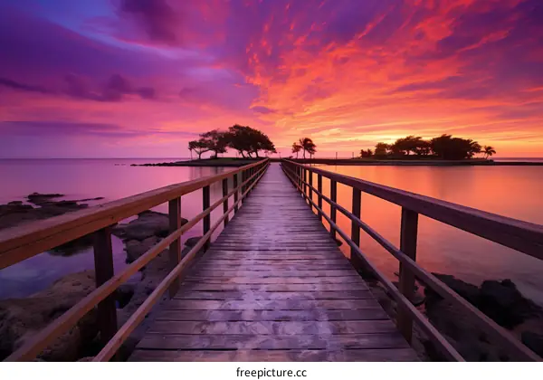 Wooden dock extending into a calm sea at sunset