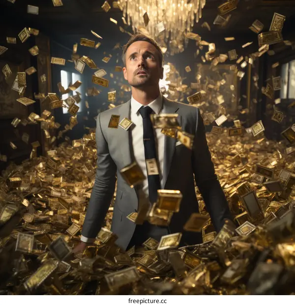 A man stands in a room full of gold bars