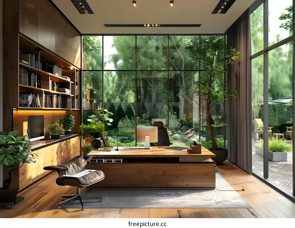 An inspiring home office with a large window looking out onto a lush garden