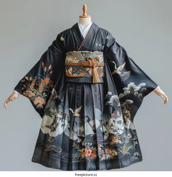 A kimono with a pattern of cranes and flowers.