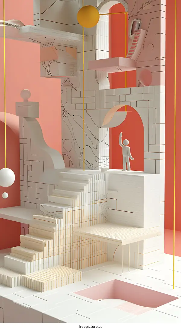 Abstract Minimalist 3D Illustration Of A Building With A Person Standing On A Platform