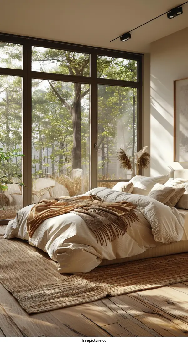 Bright and Airy Bedroom With Large Windows Overlooking Forest