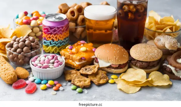 A table full of unhealthy food and drinks
