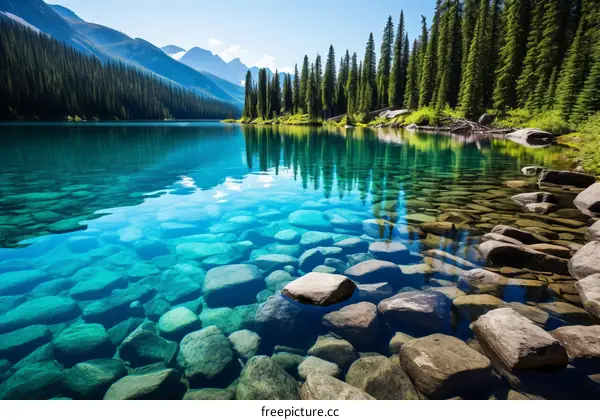 The crystal clear water of a mountain lake reflects the surrounding mountains and trees