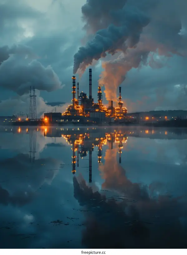 Industrial Plant by the Lake at Dusk