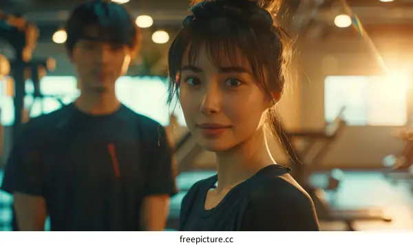 A young woman standing in a gym with a man in the background