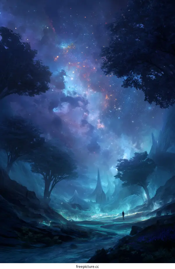 Starry Night Fantasy Landscape with a Lone Figure