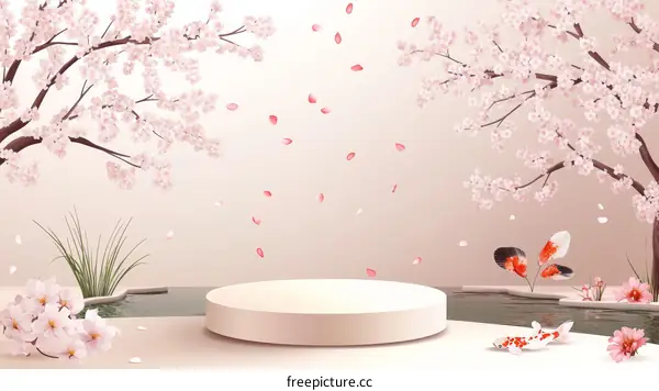 Elegant Cherry Blossom Pond Scene with Podium