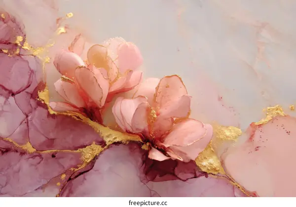 Abstract Floral Ink Painting with Gold Accents