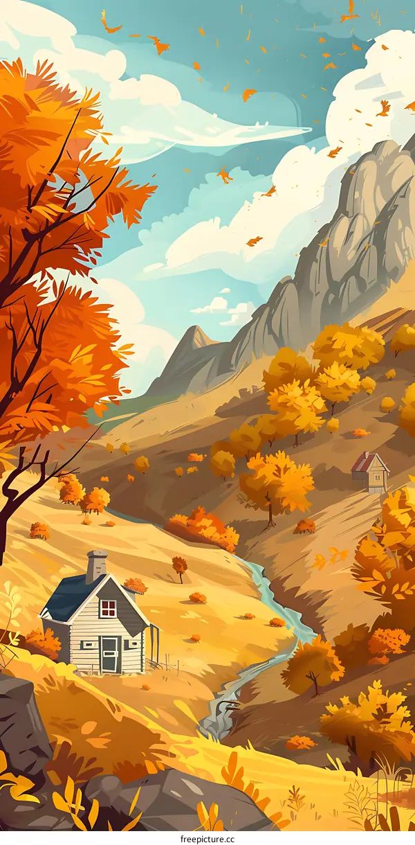 Autumn Landscape with House, Stream and Mountains