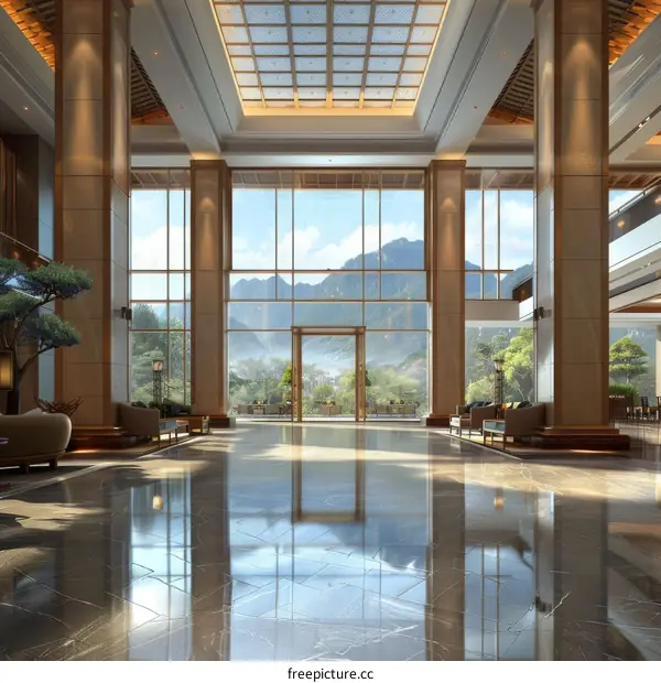 Modern Hotel Lobby with Mountain View