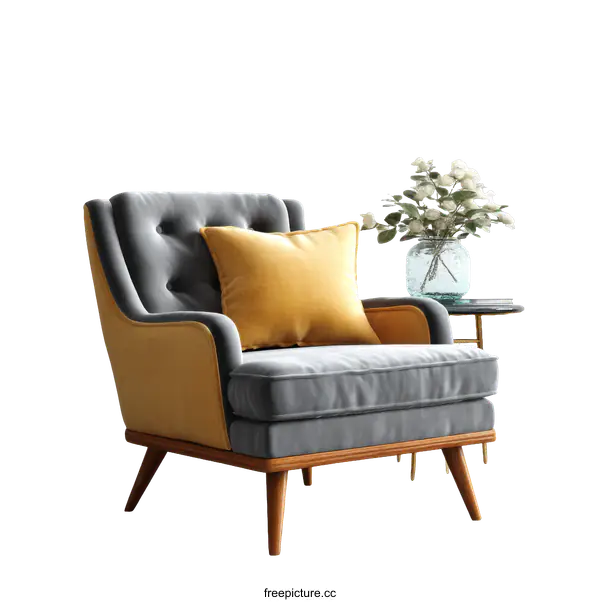 [Transparent Background PNG]Modern Grey Velvet Armchair with Mustard Yellow Accent