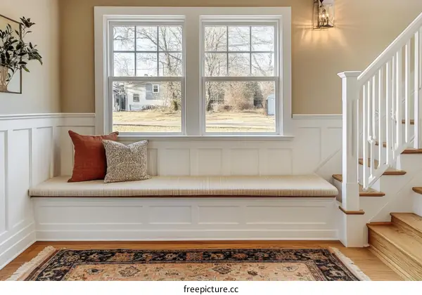Cozy Window Seat with Staircase in a Traditional Home