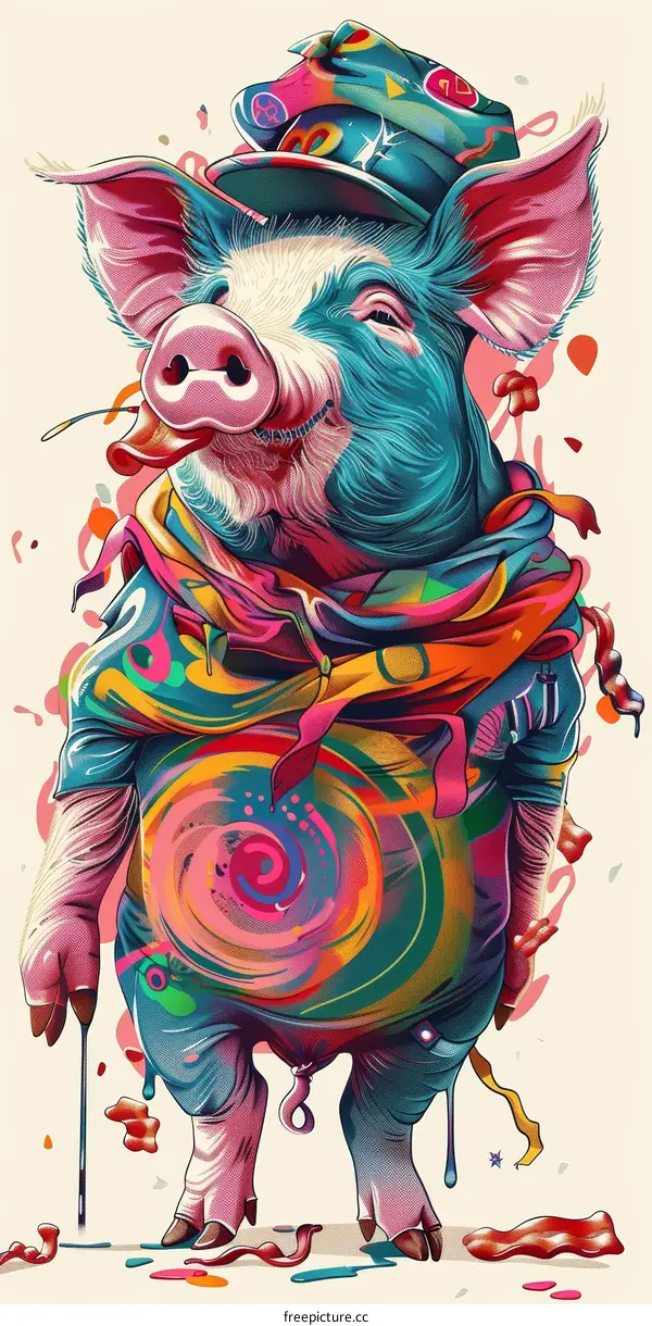 A psychedelic pig wearing a hat and scarf
