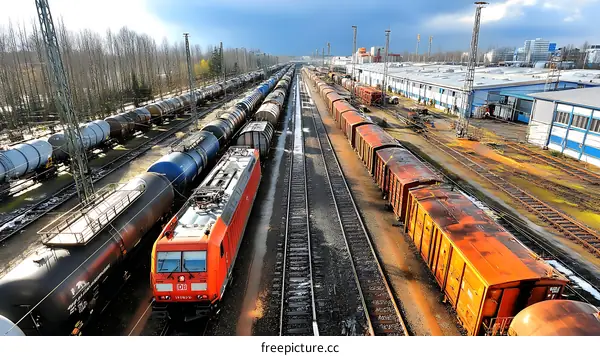 Freight Train in Industrial Railway Yard