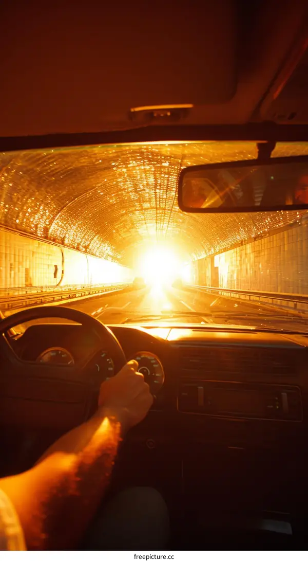 Car drives through tunnel with bright light at the end