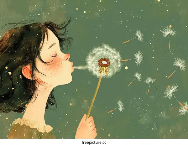 A child blowing dandelion seeds