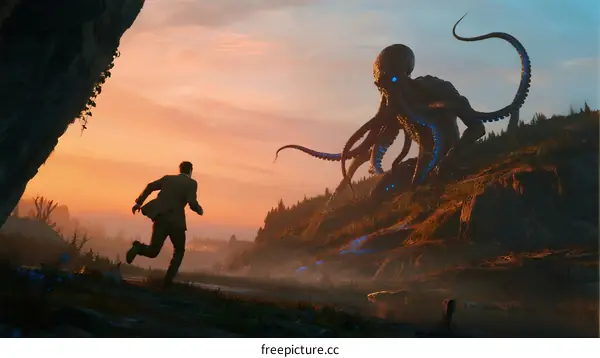 A Man Running Away from a Giant Octopus in a Scenic Landscape