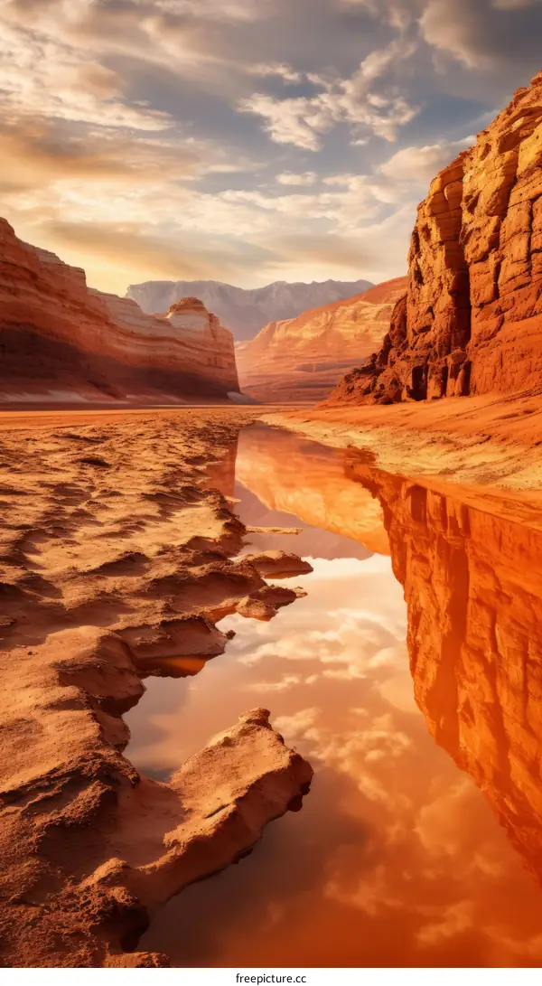 A river running through a canyon with a beautiful sunset