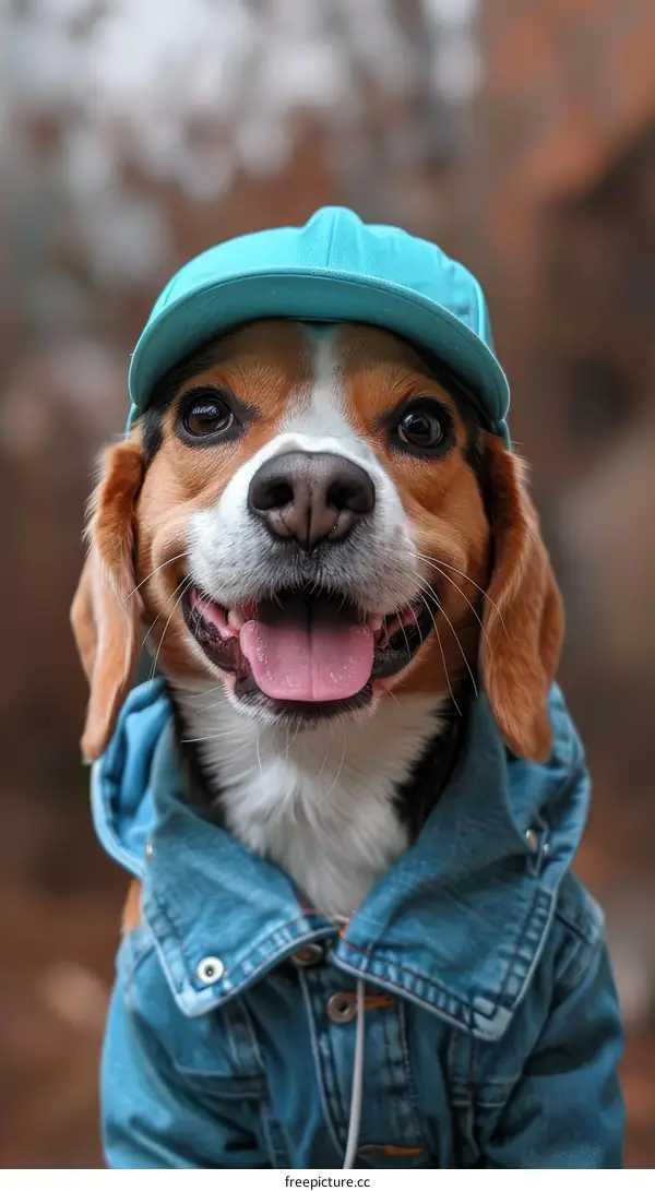 A beagle dog wearing a blue hat and a blue denim jacket