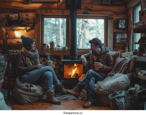 Couple relaxing in a cozy cabin