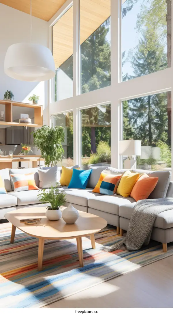 A modern living room with a large windows and a colorful sofa