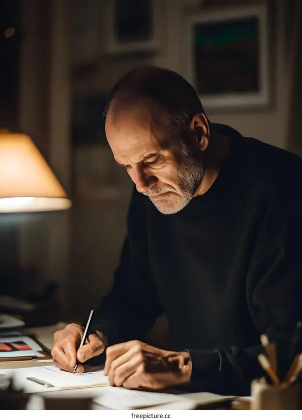 Senior Man Writing at His Desk in the Evening