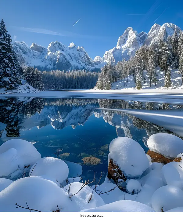 Snow-covered mountain lake in the Alps
