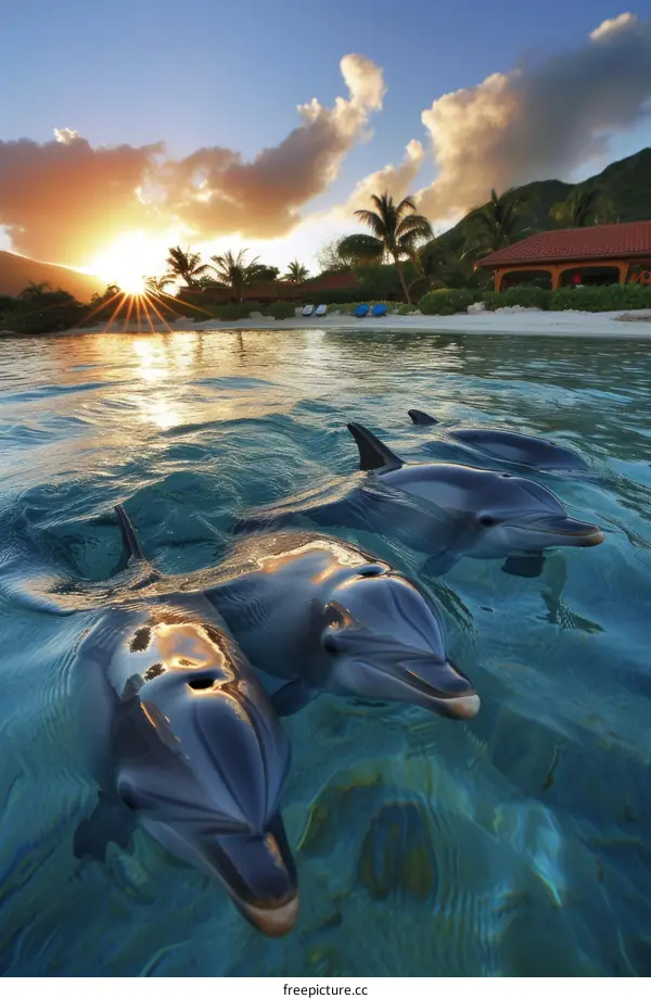 Three dolphins playing in the water at sunset