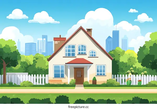 Beautiful House in the Suburb with Green Grass and City Skyline