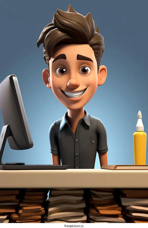 3D illustration of a young man standing in front of a computer