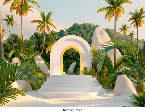 Tropical Island Archway with White Steps and Palm Trees