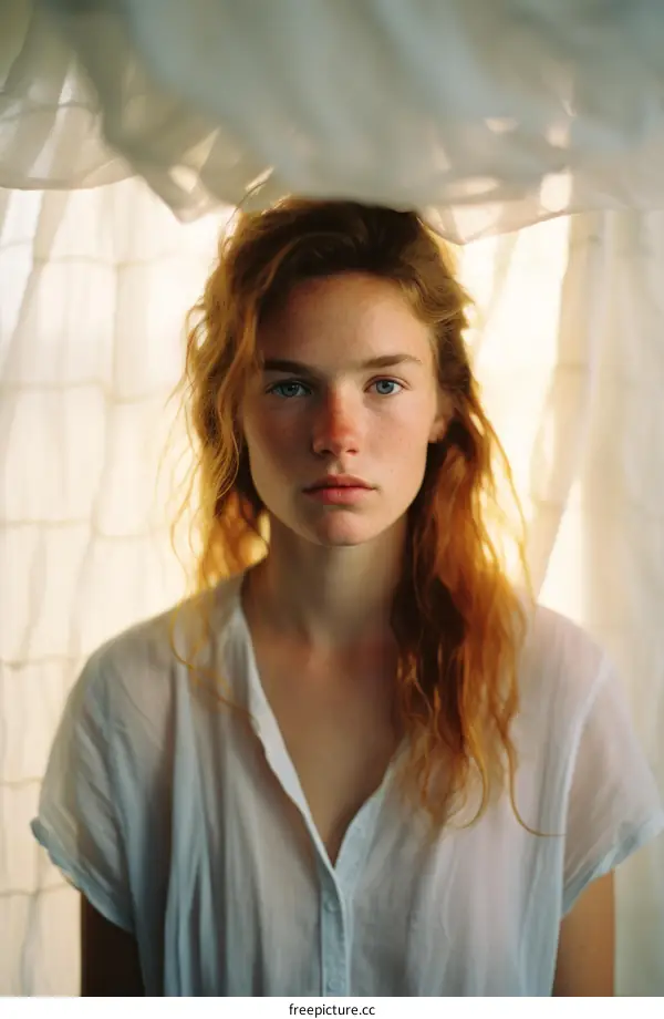 Portrait of a young woman with red hair and freckles