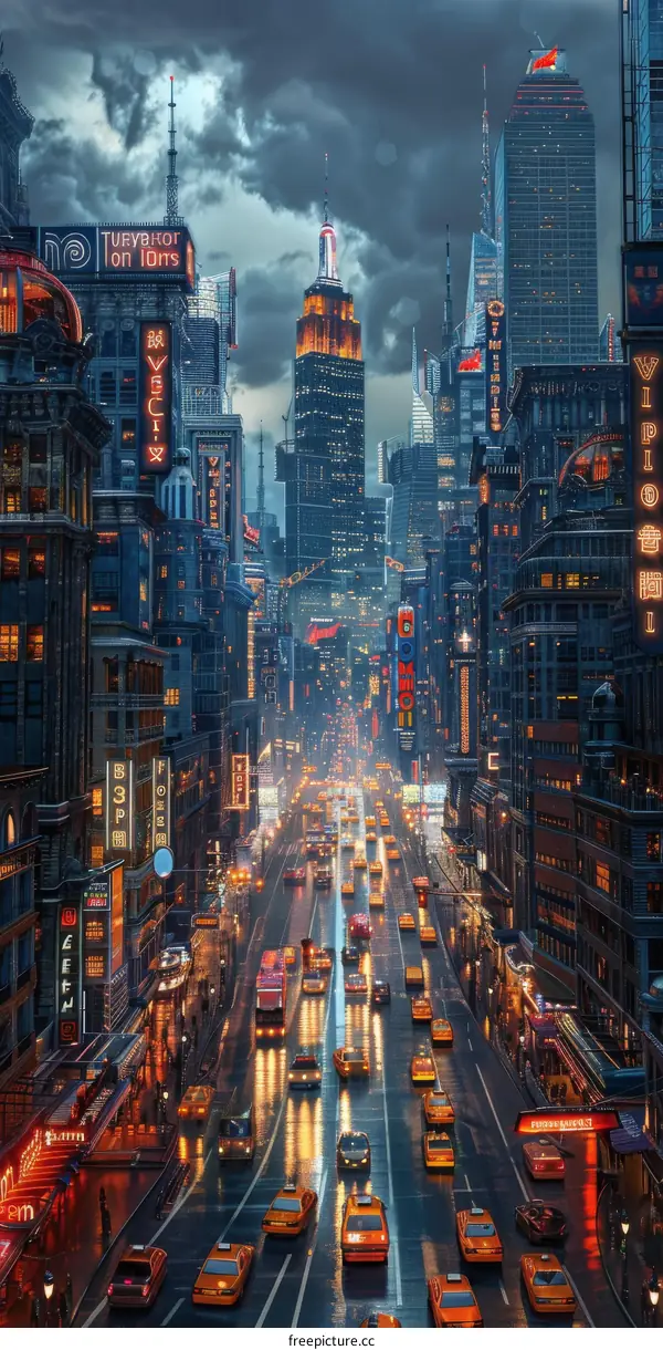 Futuristic Cityscape Night Rain Evening