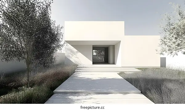 Modern Minimalist House Exterior Design with White Walls and Green Plants