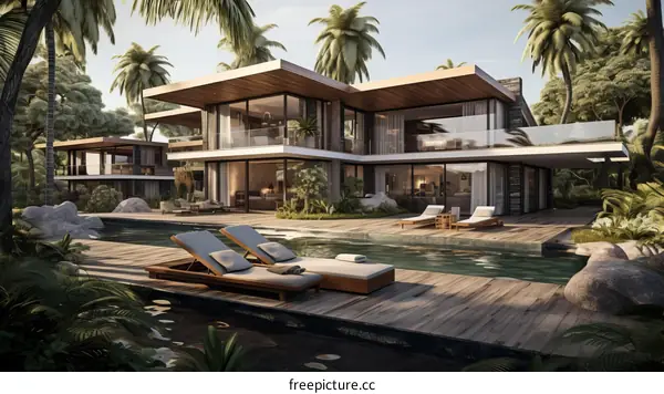 A stunning modern villa with a pool and a view of the tropical sea