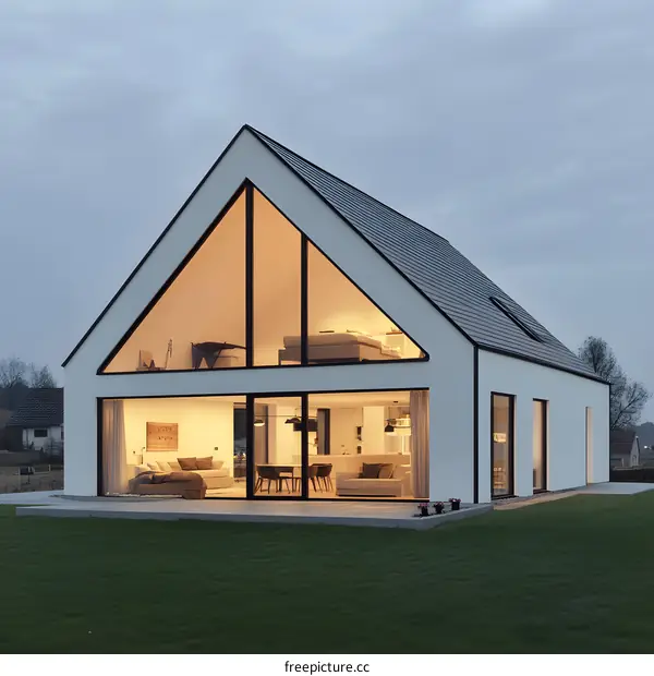 Modern White House with Large Windows at Dusk