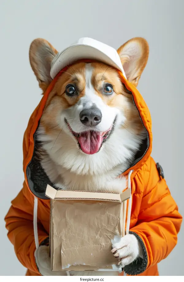 Dog in Orange Jacket Holding Cardboard Box
