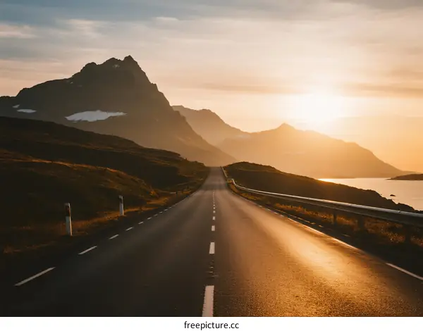 Scenic road at sunset with mountains and lake in the background
