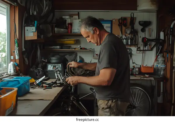 Man Working on Bicycle in a Workshop