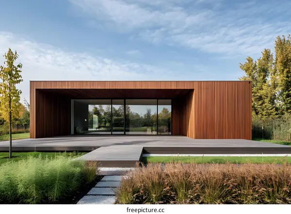 Modern Wooden House with Large Glass Windows and a Wooden Deck
